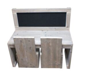 Steigerhouten Kinderkeuken + speeltafel krijtbord & stoeltjes foto 2