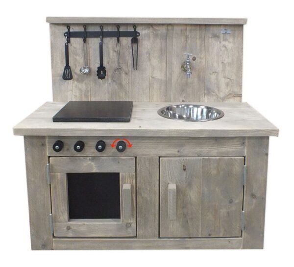 Steigerhouten Kinderkeuken + speeltafel krijtbord & stoeltjes