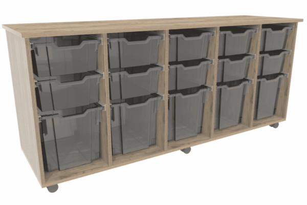 Verrijdbare lage kast met bakken – Grey Craft Oak