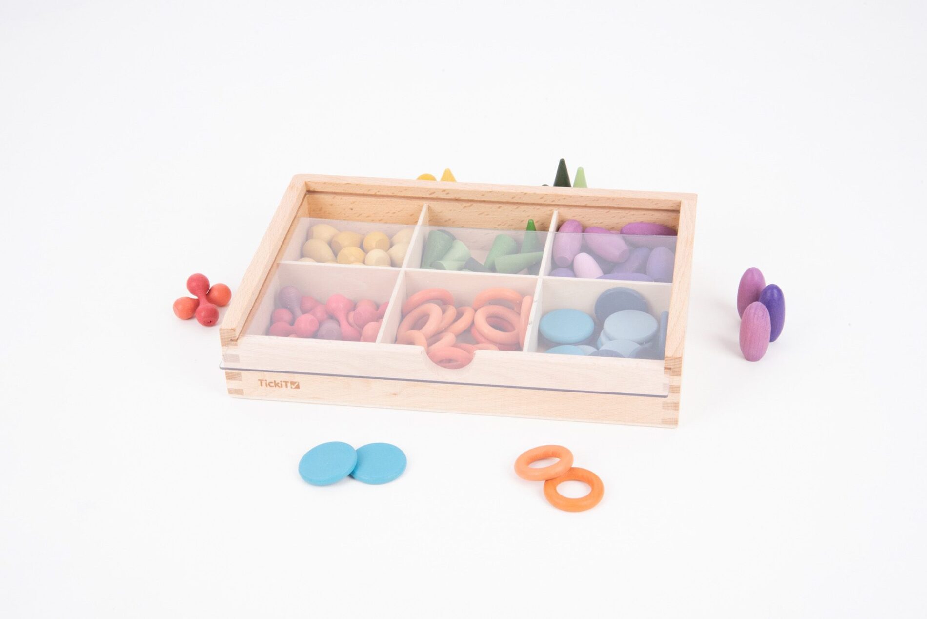 Tickit Loose Parts Houten Regenboog schatten in Sorteerbak - 109 delig