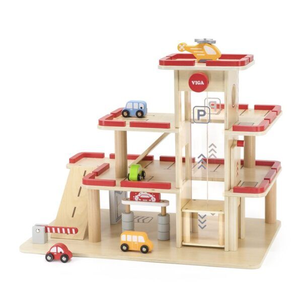 Grote Houten Parkeergarage met Panorama Lift – Inclusief Auto’s & Helikopter